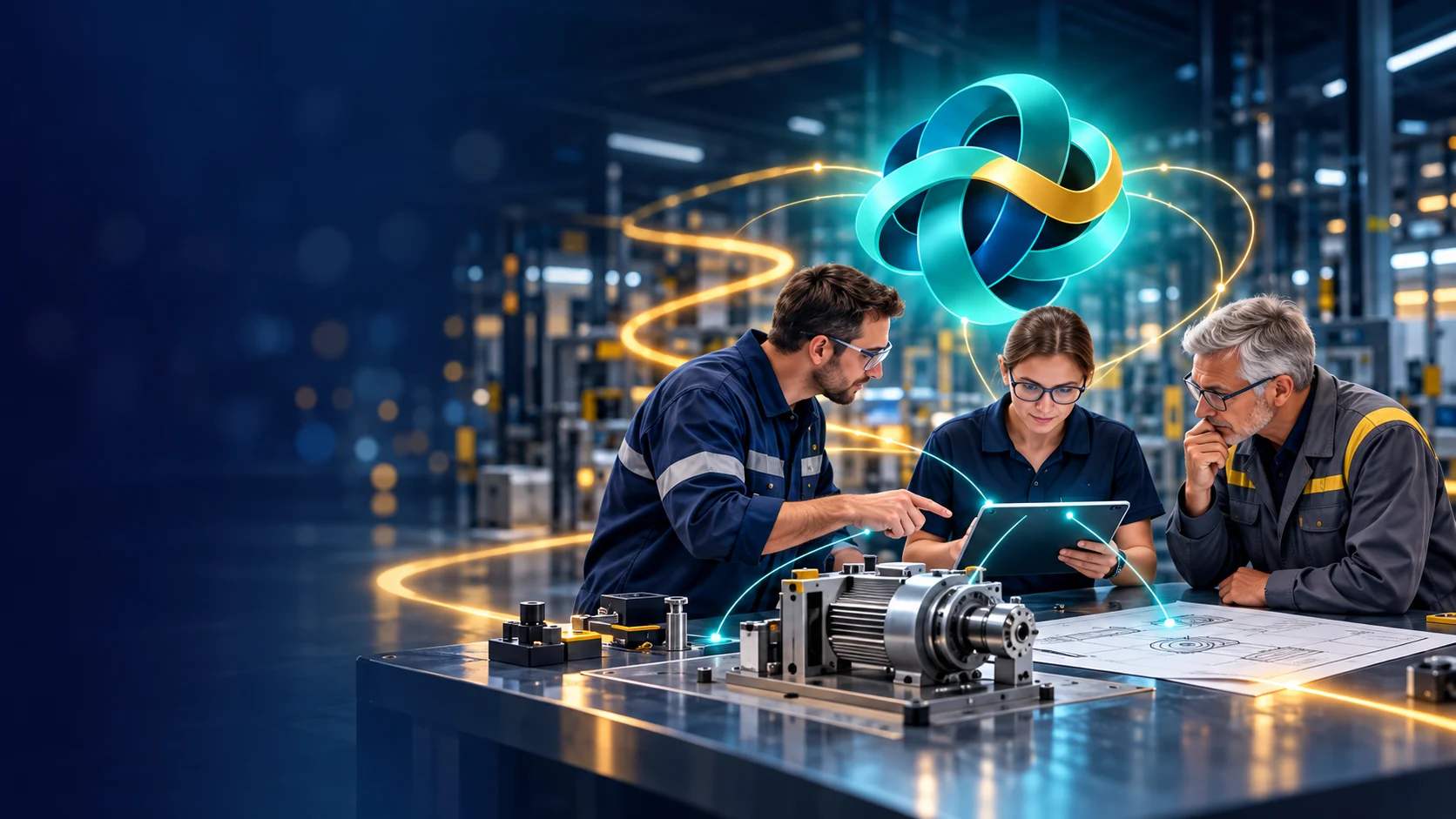 KI-Konzeptillustration: Ein Industrieteam arbeitet gemeinsam an einer Baugruppe. Das türkise EVA-Band steht für verbundenes Wissen.